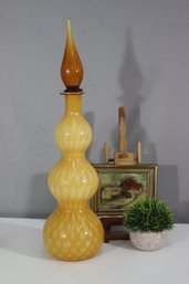 Vintage Italian Empoli Art Glass Genie Bottle  Amber Swirl Decanter With Stopper