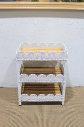 White Wicker 3-Tier Shelf Stand W/ Scalloped Trim & Wood Shelves  27'H X 21'W X 14'D