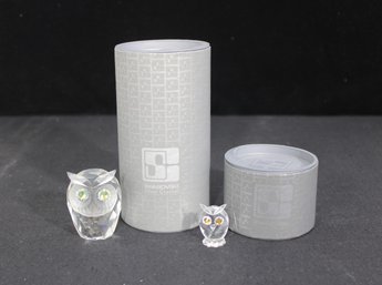 Pair Of Swarovski Crystal Owl Figurines  Clear Faceted Birds W/ Colored Eyes  W/ Boxes