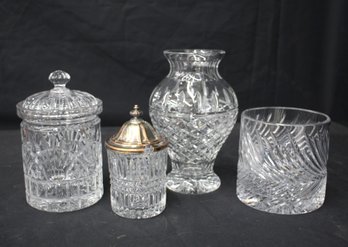 Group Lot Of Vintage Cut Crystal Glassware - Lidded Jars, Vase, And Tumbler