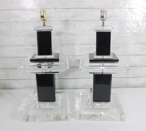 Pair Vintage Modern Lucite & Black Acrylic Table Lamps Geometric Design 23'