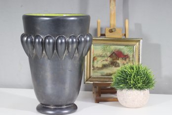Vintage French Art Deco Vase  Pewter Finish With Green Glazed Interior