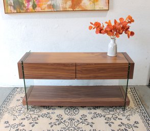 Modern Glass & Wood Console Table W/ 2 Drawers  Mid-Century Style 51.5' X 26.5' X 15.5'