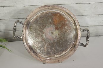 Vintage Silverplate Round Serving Tray With Handles  Etched Design  13' Round