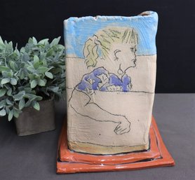 Beach Portrait Surround Painted Terra Cotta Sculptural Column Vase, Signed And Dated McGee, 1994