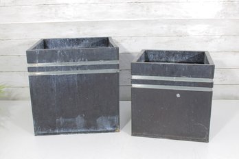 Set Of 2 Square Metal Planters  Industrial Style 12' & 14'  Great For Restoration / Repaint