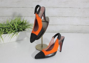 #50-Prada Slingback Heels  Size 36  Black & Orange  High Heel Pumps  Statement Designer Shoes