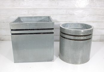 Set Of 2 Vintage Galvanized Metal Planters  Round & Square Industrial Style Pots 12' & 14'