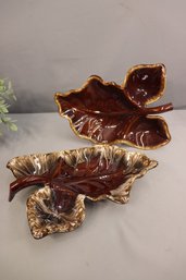 Two (2) Brown Drip Glaze Art Pottery Leaf Serving Dish - Mid-Century Hull