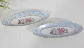 Pair Vintage Arnart 5th Ave Porcelaine Oval Dishes Hand Painted Floral Gold Trim 9.5'