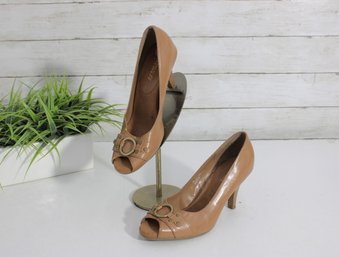 #51-Womens Brown Leather Peep-Toe Heels  Size 7  Buckle Detail  Classic Dress Pumps