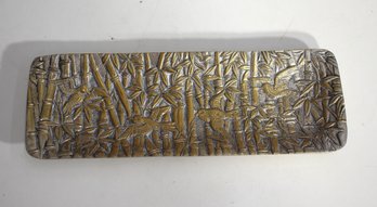 Vintage Asian-Inspired Metal Tray With Bamboo And Bird Design - 8' X 3'