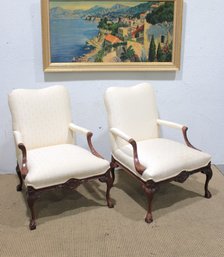Pair Of Traditional Upholstered Armchairs W/ Carved Wood Frames  37.5'H