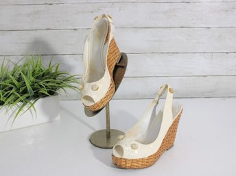 #52-Tory Burch Wedge Sandals  Womens Size 5.5  Ivory Patent Leather & Wicker Heel