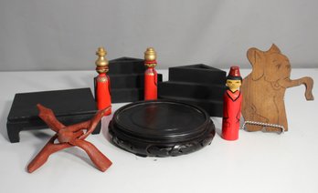 Assorted Decorative Lot - Wood And Metal Items, Shelf Riser, Figurines, And Stand