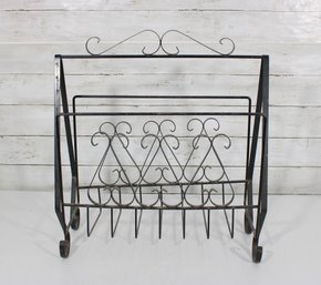 Mid Century Metal Scrollwork Magazine Rack  Vintage Wrought Iron Holder 19' X 17.5' X 7'