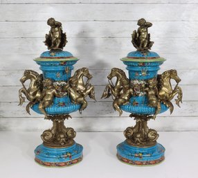 Pair Of 24 Porcelain & Bronze Greek Mythology Figural Urn Statues  Cherubs, Horses, Sea Motif