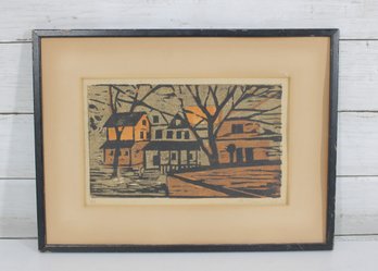 Limited Edition Woodblock-Style Print 4/5  Signed & Dated 1965  Framed Rural Scene (10.5' X 14.5')