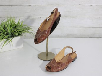 #53-Polo Ralph Lauren Leather Slingback Flats  Womens Size 6.5  Brown Croc-Embossed
