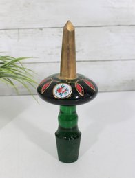 Vintage Art Glass Bottle Stopper 9' Hand Painted Floral Black Green Gold Decanter Topper