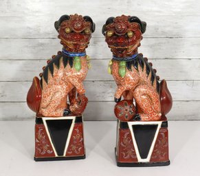 Pair Of Large 18 Chinese Foo Dog Guardian Statues  Hand Painted  As Is