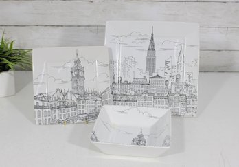 Modern Cityscape Dinnerware Set Black White Plates & Bowl NYC Skyline Square Dishes