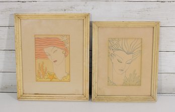 Pair Of Vintage Art Deco Style Female Portrait Prints  Framed  12' X 10' & 11' X 9'