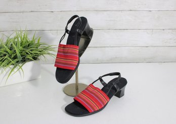 #55-life Stride Heeled Sandals  Womens Size 6.5  Black With Red Striped Fabric  Block Heel