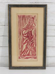 Vintage Woodcut Print 1/30  Pencil Signed & Dated 1964  Expressionist Figure  Framed (20' X 11.5')