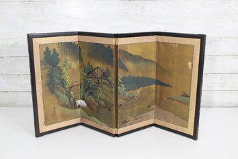 Antique Japanese 4-Panel Table Screen  Hand Painted Landscape Scene With Cottage & Mountains