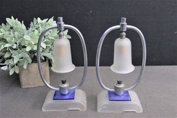 Pair Of Streamline Art Deco Frosted Glass And Chrome Boudoir Table Lamps