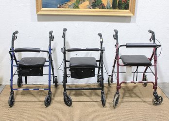 Lot Of 3 Rolling Walkers W/ Seats & Storage Pouches  Mobility Aids  AS IS