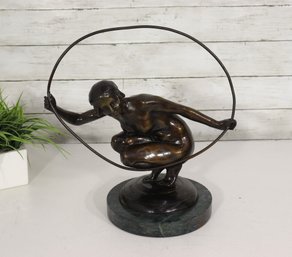 Bronze Art Deco Style Nude Figure W/ Circle Hoop Sculpture On Marble Base  Signed A. Gory  14 Tall