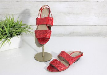 #56-Gucci Red Croc-Embossed Leather Sandals  Size 35.5  Made In Italy  Designer Flats