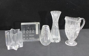 Mixed Lot Of Decorative Crystal & Art Glass  Vases, Star Dish, Pitcher & Paperweight
