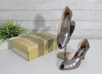 #60-Miguel Hernandez Metallic Leather Peep-Toe Pumps  Womens Size 8  Made In Spain  Classic Heels