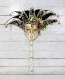 25' Hand Painted Venetian Masquerade Mask W/ Handle  Black, Gold & Cream  Venezia, Italy
