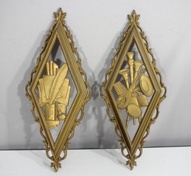 Pair Gold Tone Vintage Molded Deco Wall Art