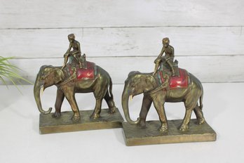 Pair Vintage Bronze Elephant Bookends W/ Rider Figures 8' Statue Figurines Heavy
