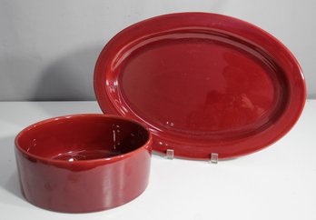 'Vintage Italian Ceramiche Cerasarda Red Ceramic Dish Set - Oval Platter & Round Bowl'