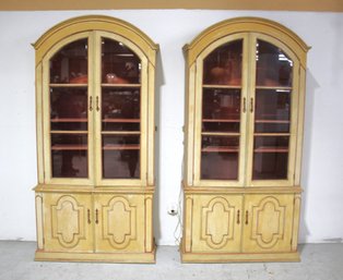 Pair Of Vintage Italian Display Cabinets With Glass Doors And Ample Storage