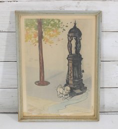 Vintage Watercolor Street Scene With Dog & Fountain  Signed  Framed (12.5' X 9.5')