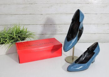 #63-Vintage Charles Jourdan Paris Blue Leather Heels Pumps  Womens Size 8  In Original Box