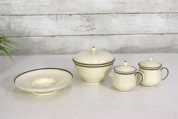 Vintage Wedgwood Creamware Covered Sugar Bowl, Creamer & Underplate Set  Classic Brown Band Trim