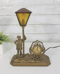 Vintage Figural Lamp Clock Combo Street Lantern Man Desk Lamp W/ Clock 14' Works