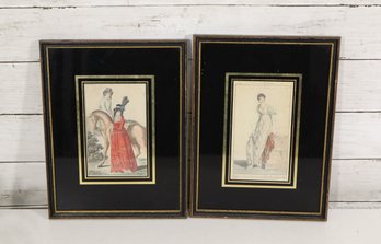 Pair Of Vintage Style Framed Victorian Fashion Prints – Black & Gold Frames – 11.5" X 9"