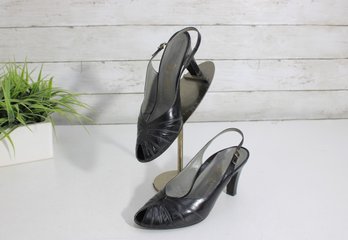 #65-Vintage Addo Gala Black Leather Slingback Heels  Size 37.5  Classic Evening Pumps