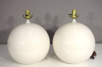 Pair Of Vintage Mid-Century Modern White Globe Table Lamps  Minimalist Design