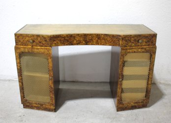 Vintage Burl Wood Like  And Brass Console Desk With Drawers