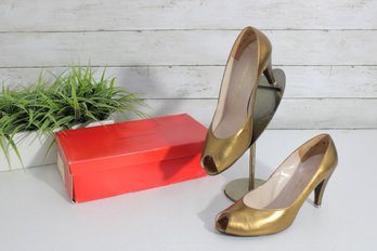 #66-Vintage Charles Jourdan Paris Gold Leather Heels Pumps  Womens Size 8  Designer Shoes W/ Box
